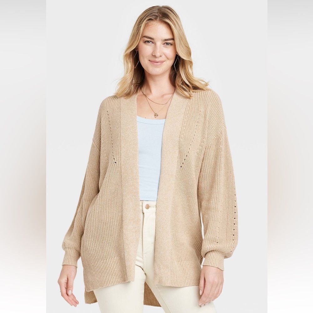 UT Tan Ivory Heather Medium Knit Open Front Slouchy Side Seam Pocket Cardigan